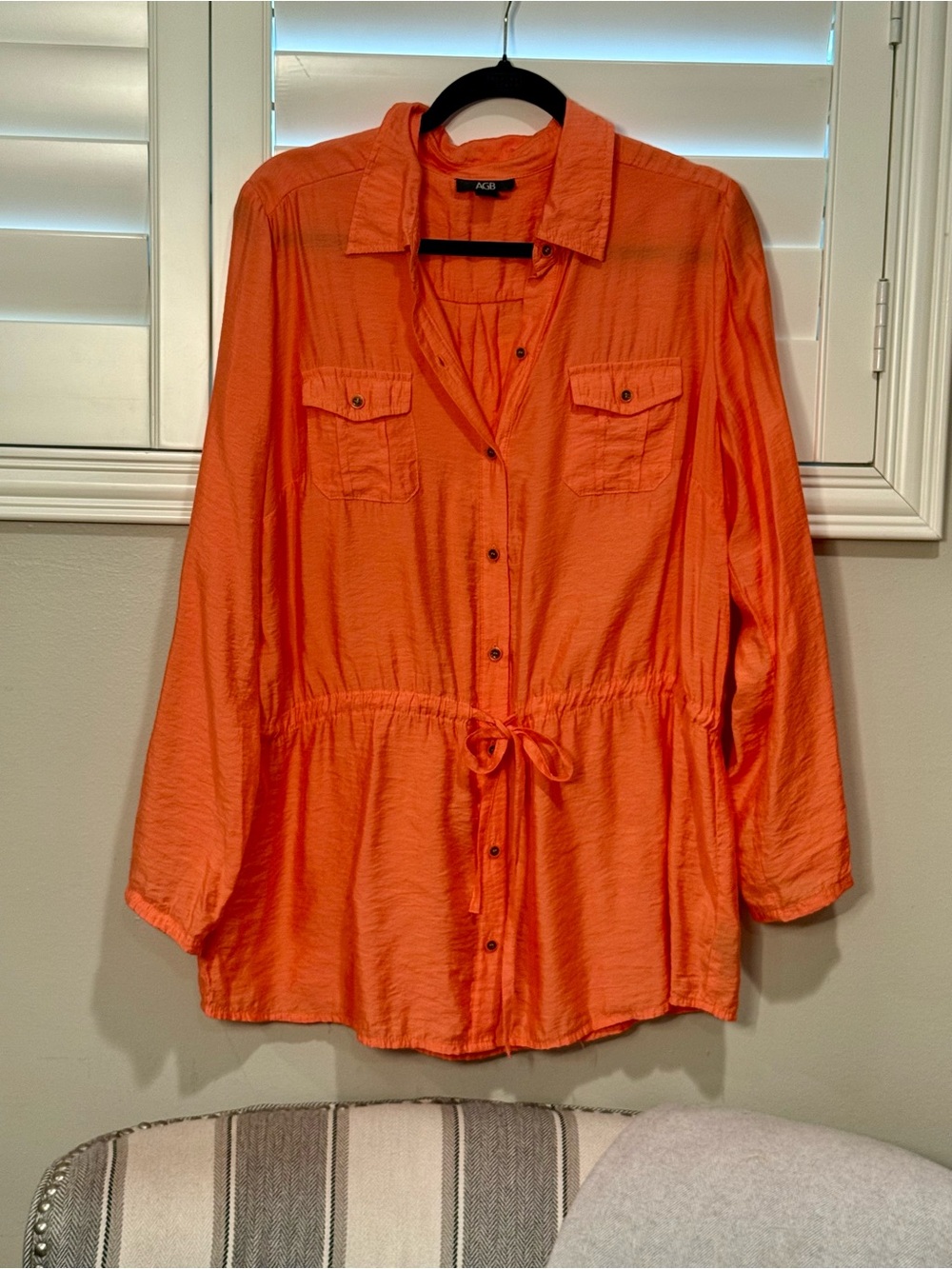 AGB Bright Orange Button-Front Drawstring Waist Shirt